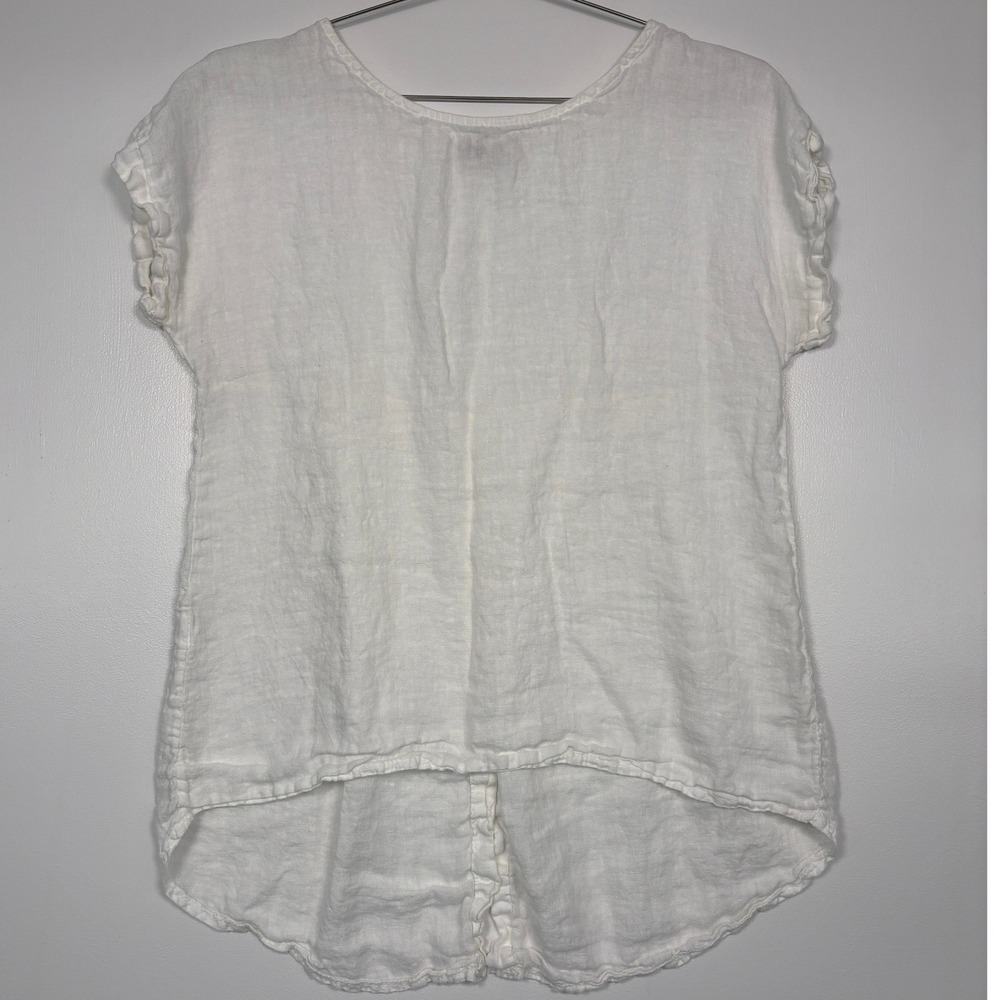 Terzo Millennio Women Top S White Linen Ruffle Sleeve Button Back‎ Made in Italy